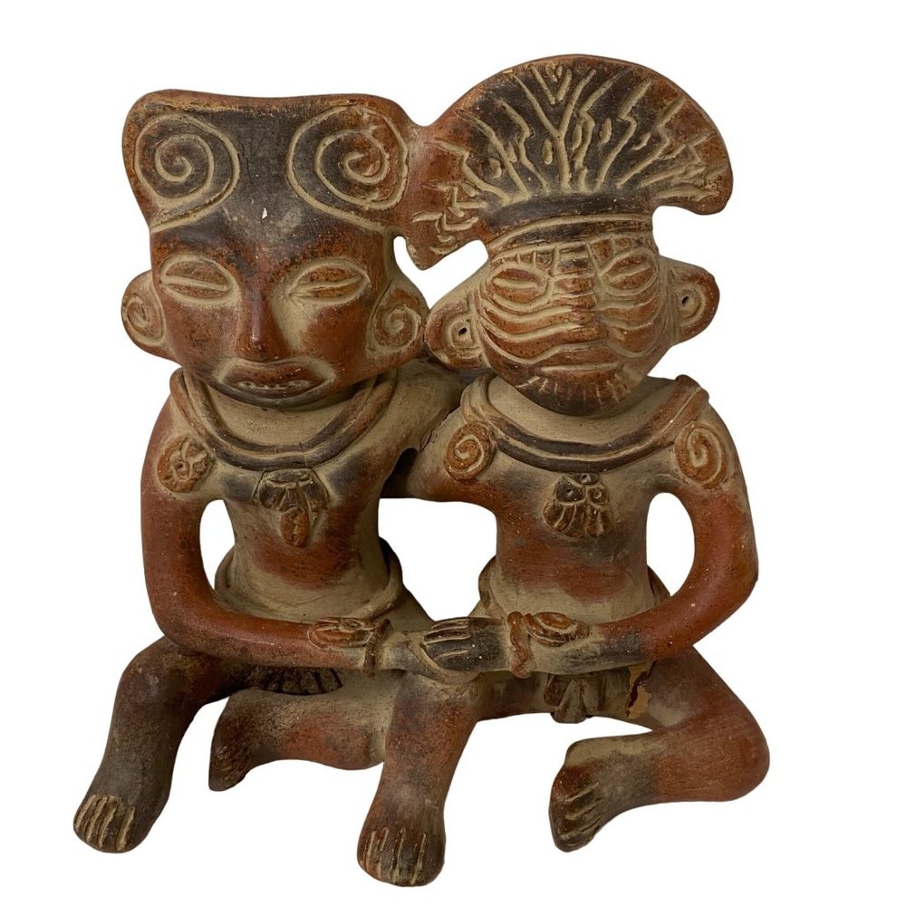 Maya Aztec couple pottery clay figurines decor reproduction REPAIRED 8"‎